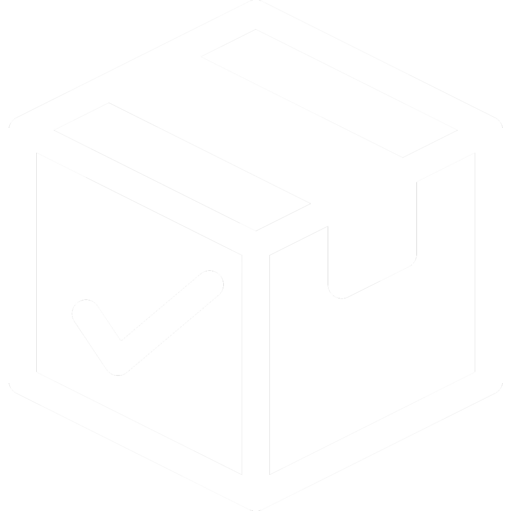 A sealed box with a check mark on the side, symbolizing Repacking services provided by Secondary Solutions